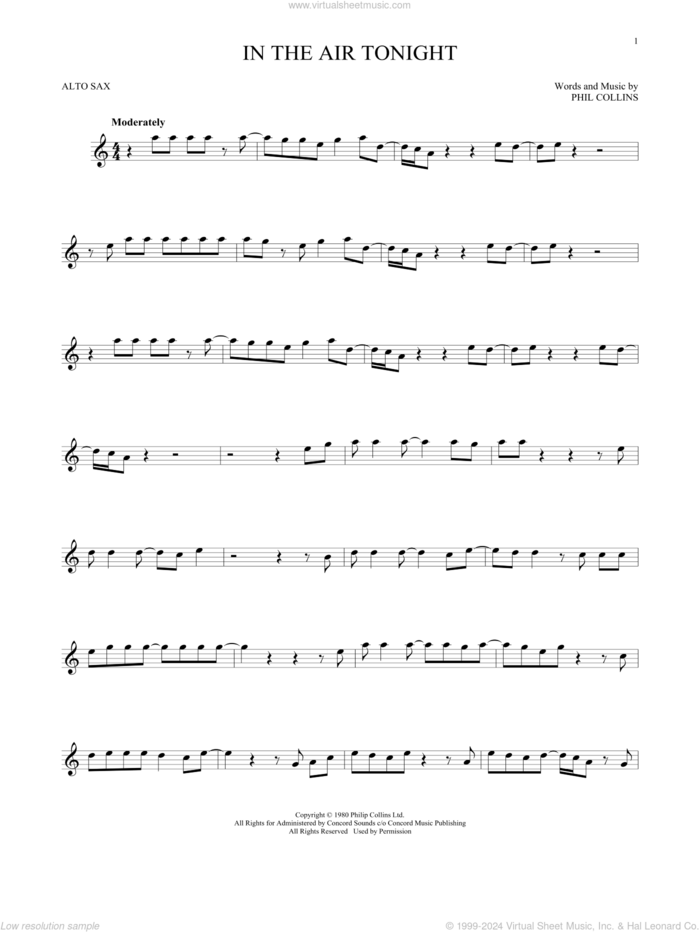 In The Air Tonight sheet music for alto saxophone solo by Phil Collins, intermediate skill level