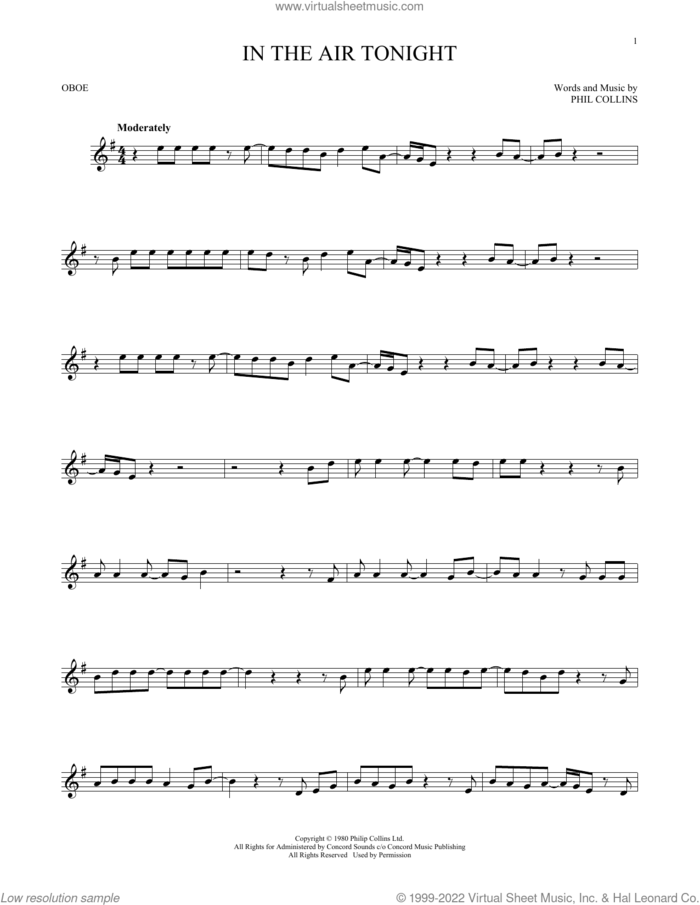 In The Air Tonight sheet music for oboe solo by Phil Collins, intermediate skill level
