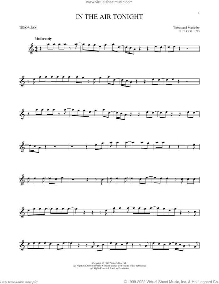 In The Air Tonight sheet music for tenor saxophone solo by Phil Collins, intermediate skill level