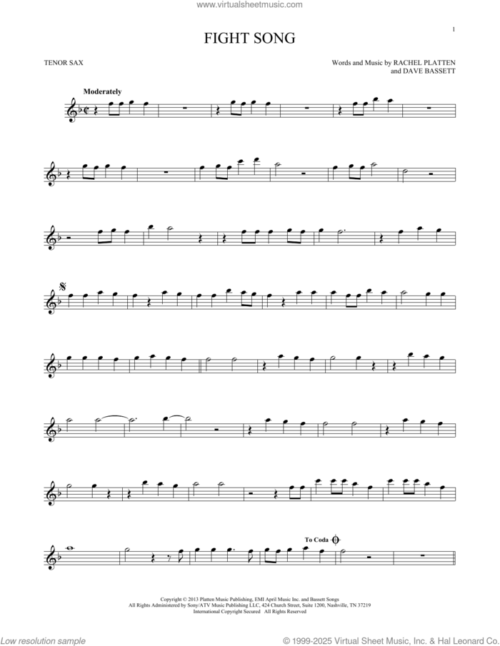 Fight Song sheet music for tenor saxophone solo by Rachel Platten and Dave Bassett, intermediate skill level