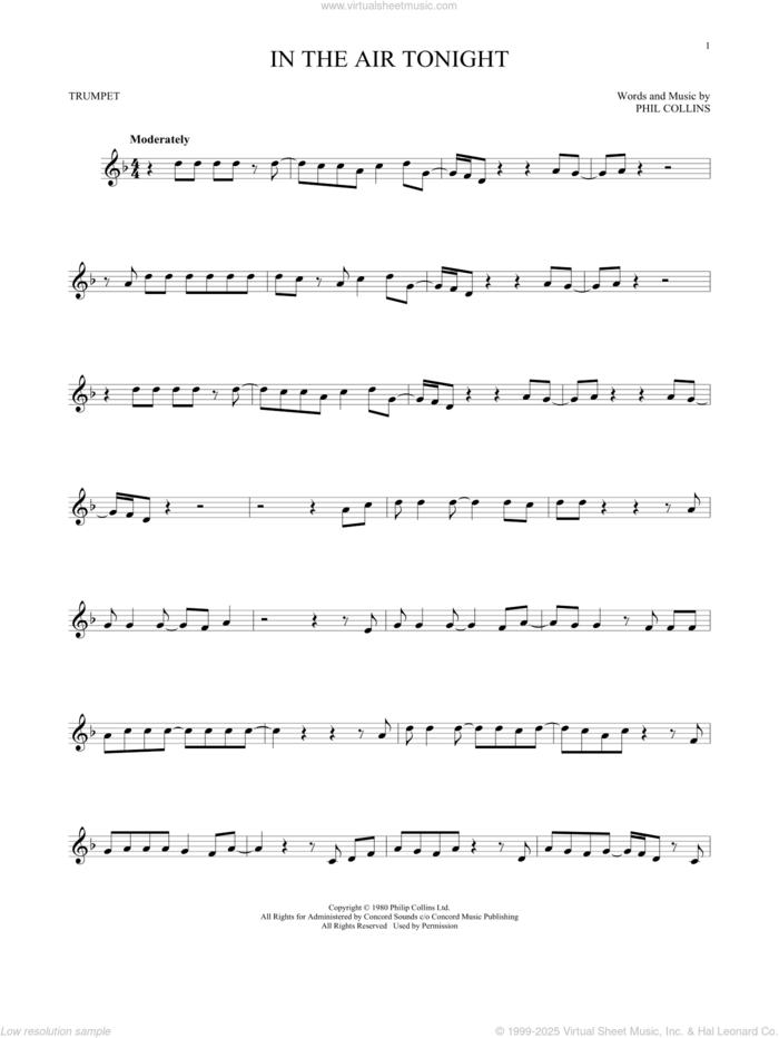 In The Air Tonight sheet music for trumpet solo by Phil Collins, intermediate skill level