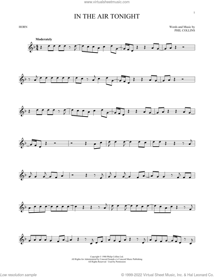 In The Air Tonight sheet music for horn solo by Phil Collins, intermediate skill level