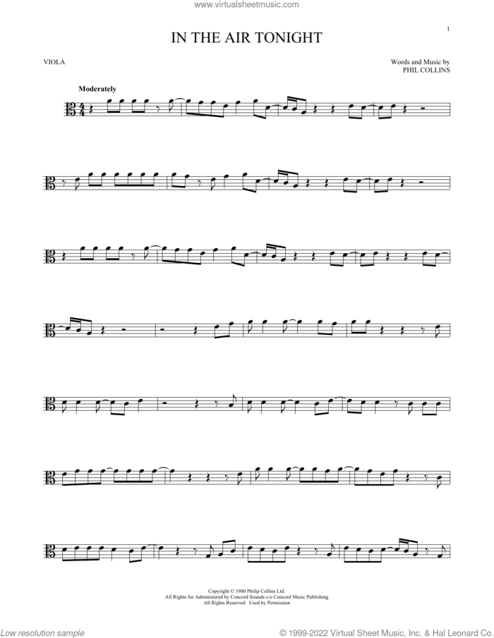 In The Air Tonight sheet music for viola solo by Phil Collins, intermediate skill level