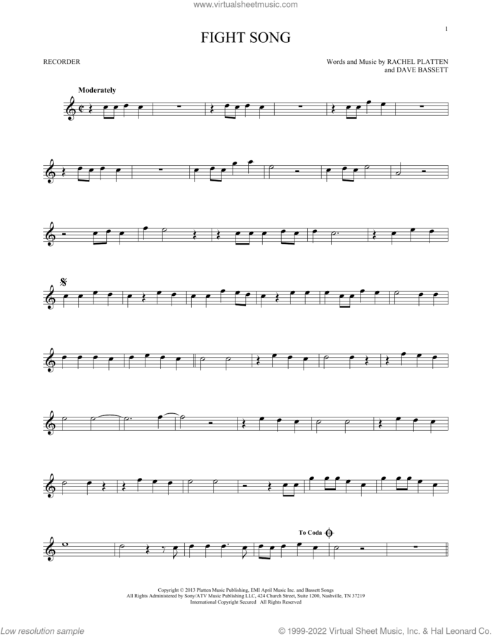 Fight Song sheet music for recorder solo by Rachel Platten and Dave Bassett, intermediate skill level