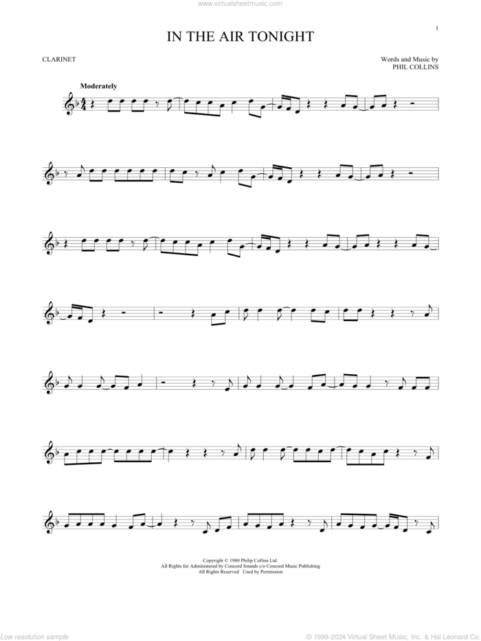 In The Air Tonight sheet music for clarinet solo by Phil Collins, intermediate skill level