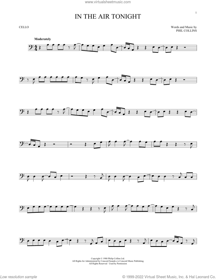 In The Air Tonight sheet music for cello solo by Phil Collins, intermediate skill level