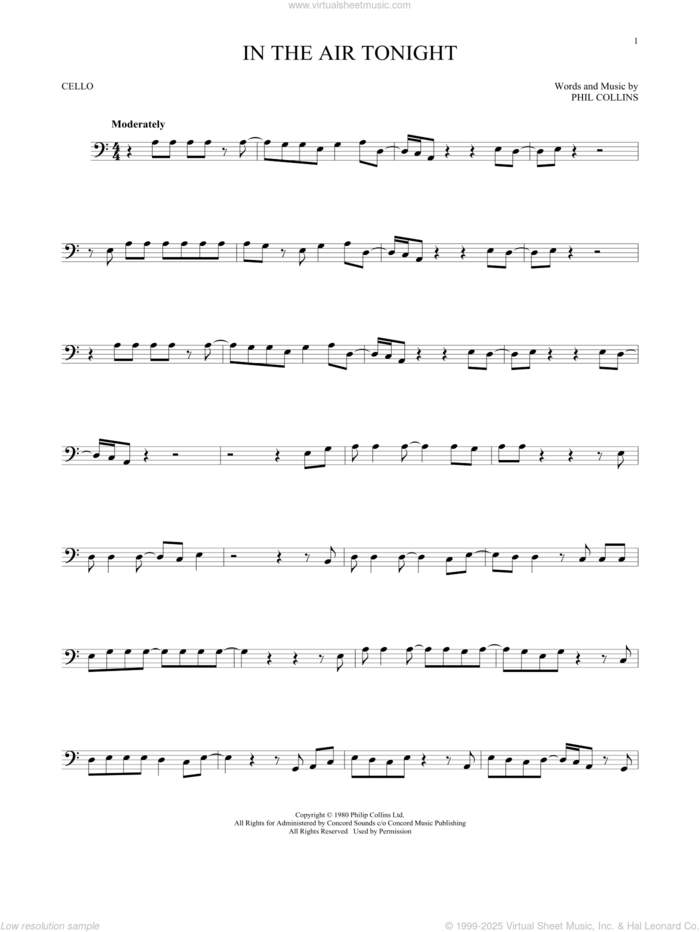 In The Air Tonight sheet music for cello solo by Phil Collins, intermediate skill level