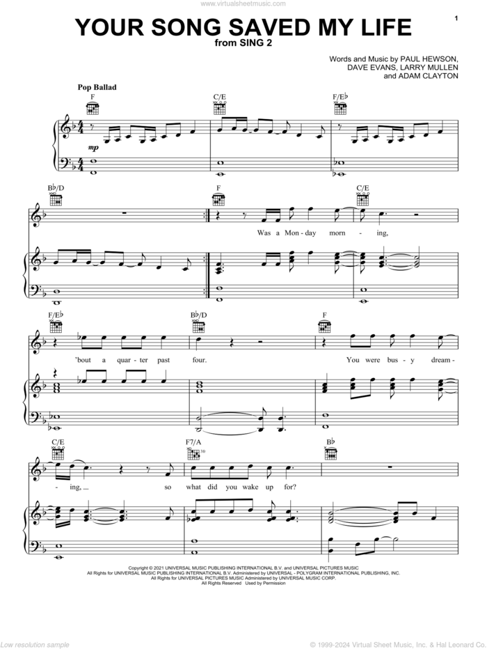 Your Song Saved My Life (from Sing 2) sheet music for voice, piano or guitar by U2, Adam Clayton, Dave Evans, Larry Mullen and Paul Hewson, intermediate skill level