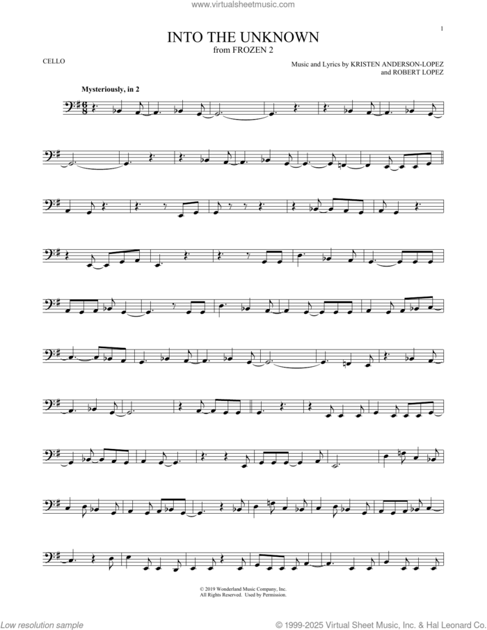 Into The Unknown (from Disney's Frozen 2) sheet music for cello solo by Idina Menzel and AURORA, Kristen Anderson-Lopez and Robert Lopez, intermediate skill level