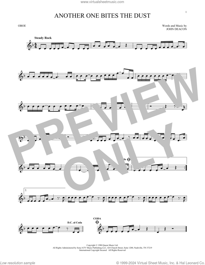 Another One Bites The Dust sheet music for oboe solo by Queen and John Deacon, intermediate skill level