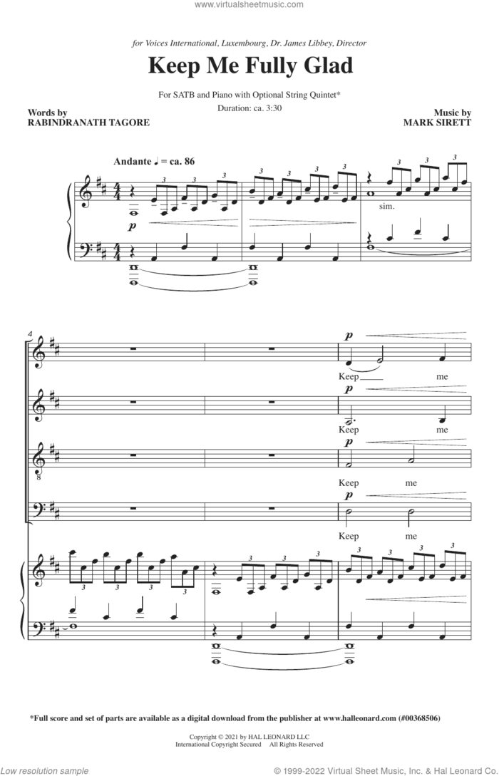 Keep Me Fully Glad sheet music for choir (SATB: soprano, alto, tenor, bass) by Rabindranath Tagore and Mark Sirett, intermediate skill level