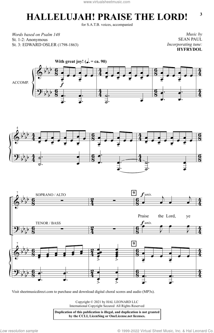 Hallelujah! Praise The Lord! sheet music for choir (SATB: soprano, alto, tenor, bass) by Sean Paul, Edward Osler and Foundling Hospital Collection, intermediate skill level