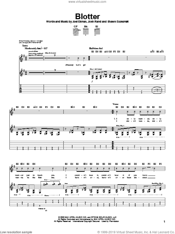 Blotter sheet music for guitar (tablature) by Stone Sour, Joel Ekman, Josh Rand and Shawn Economaki, intermediate skill level