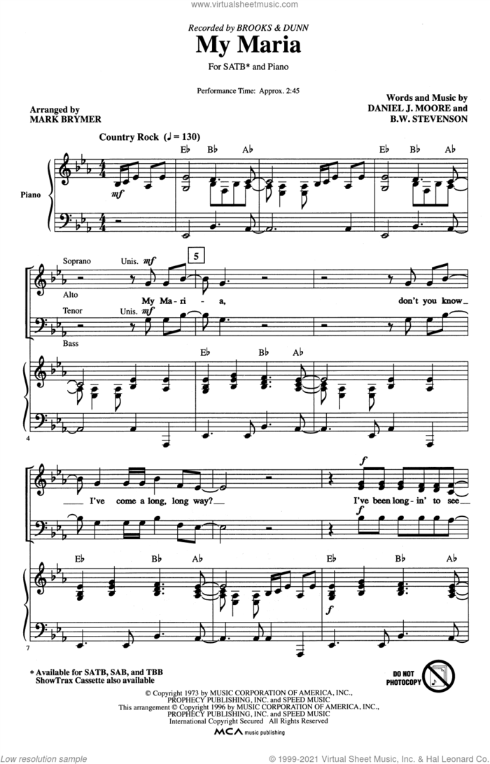 My Maria (arr. Mark Brymer) sheet music for choir (SATB: soprano, alto, tenor, bass) by Brooks & Dunn, Mark Brymer, B.W. Stevenson and Daniel Moore, intermediate skill level