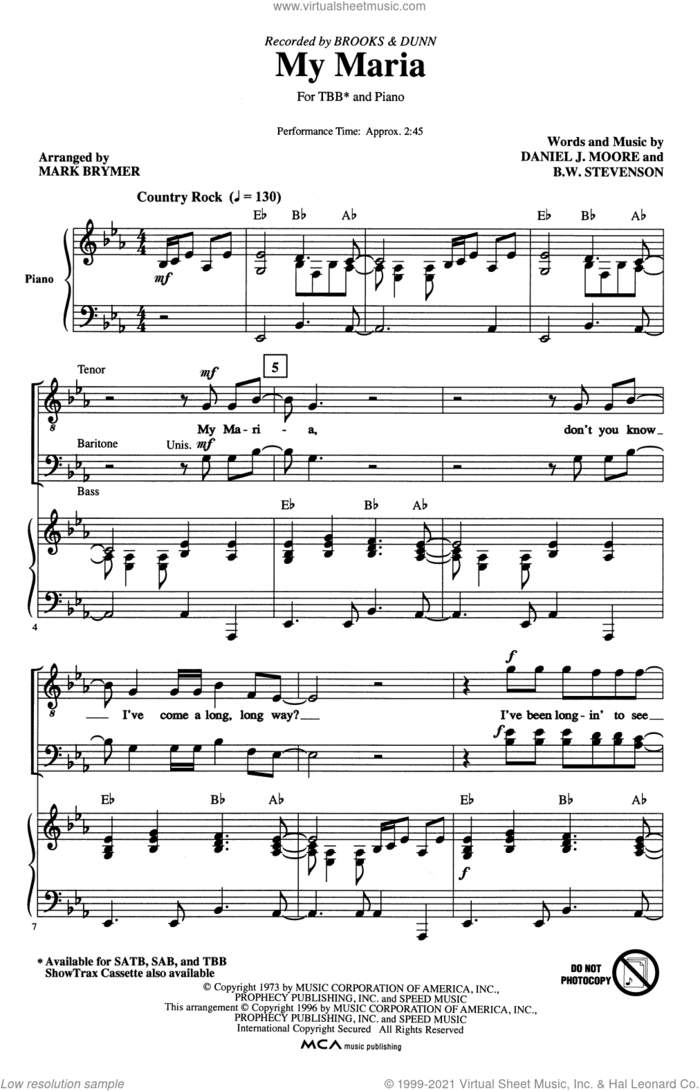 My Maria (arr. Mark Brymer) sheet music for choir (TBB: tenor, bass) by Brooks & Dunn, Mark Brymer, B.W. Stevenson and Daniel Moore, intermediate skill level