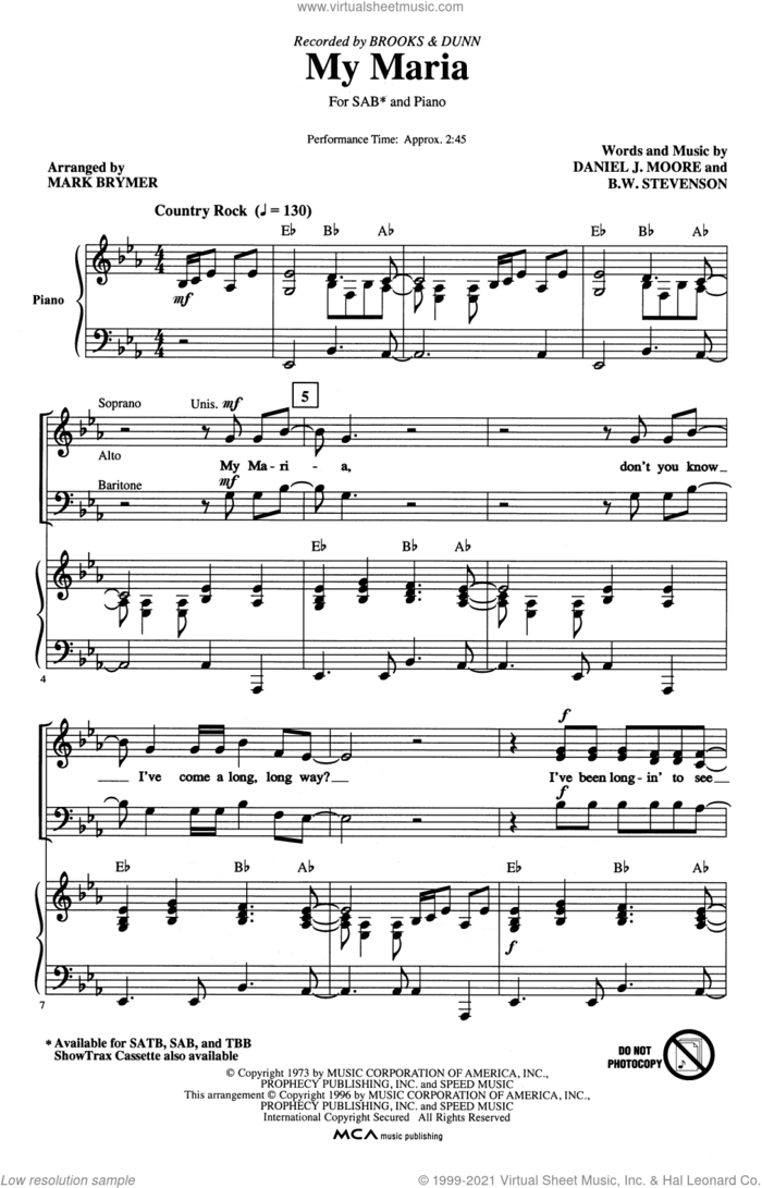 My Maria (arr. Mark Brymer) sheet music for choir (SAB: soprano, alto, bass) by Brooks & Dunn, Mark Brymer, B.W. Stevenson and Daniel Moore, intermediate skill level