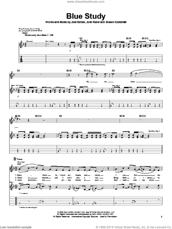 Blue Study sheet music for guitar (tablature) by Stone Sour, Joel Ekman, Josh Rand and Shawn Economaki, intermediate skill level