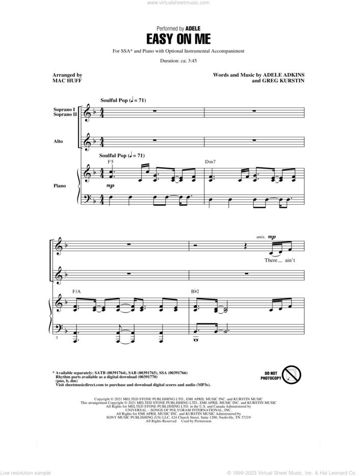 Easy On Me (arr. Mac Huff) sheet music for choir (SSA: soprano, alto) by Adele, Mac Huff, Adele Adkins and Greg Kurstin, intermediate skill level