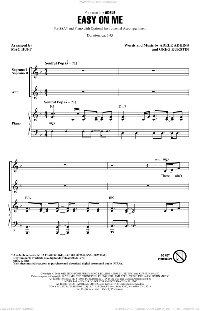 Easy On Me (arr. Mac Huff) sheet music for choir (SSA: soprano, alto) by Adele, Mac Huff, Adele Adkins and Greg Kurstin, intermediate skill level