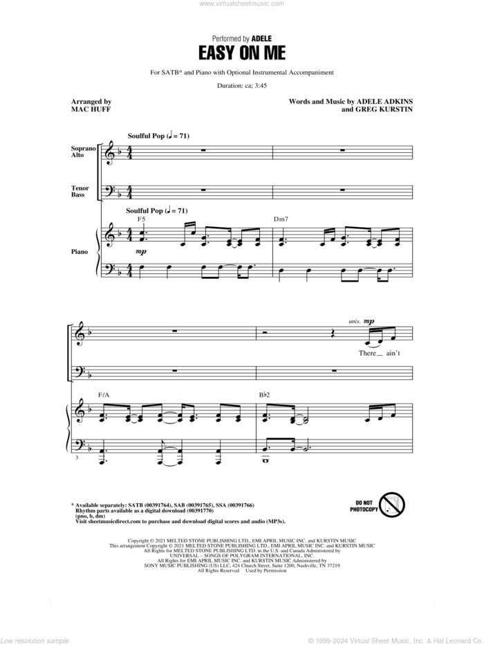 Easy On Me (arr. Mac Huff) sheet music for choir (SATB: soprano, alto, tenor, bass) by Adele, Mac Huff, Adele Adkins and Greg Kurstin, intermediate skill level