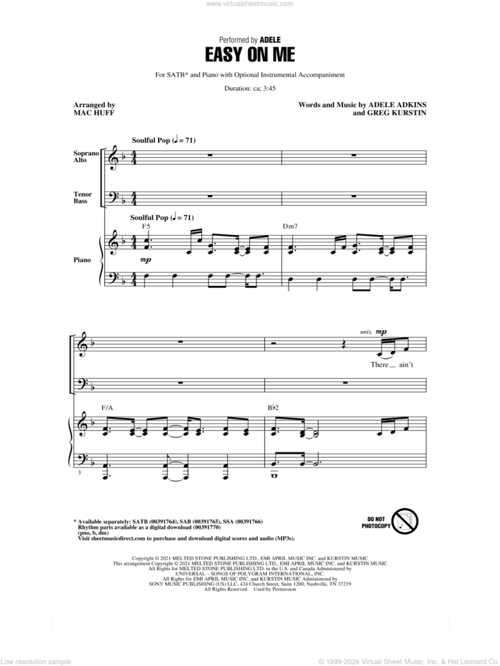 Easy On Me (arr. Mac Huff) sheet music for choir (SATB: soprano, alto, tenor, bass) by Adele, Mac Huff, Adele Adkins and Greg Kurstin, intermediate skill level