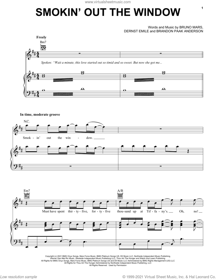 Smokin Out The Window sheet music for voice, piano or guitar by Silk Sonic, Brandon Paak Anderson, Bruno Mars and Dernst Emile, intermediate skill level