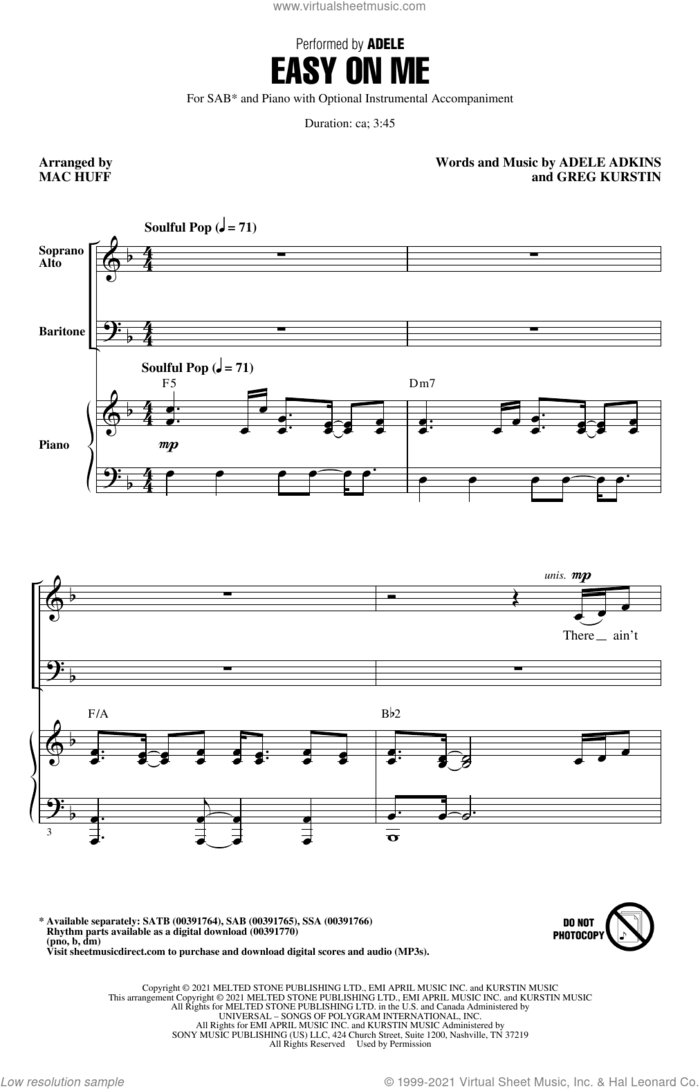 Easy On Me (arr. Mac Huff) sheet music for choir (SAB: soprano, alto, bass) by Adele, Mac Huff, Adele Adkins and Greg Kurstin, intermediate skill level