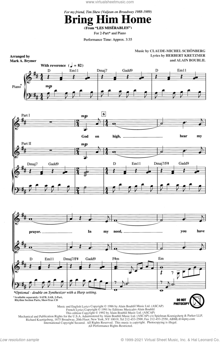 Bring Him Home (from Les Miserables) (arr. Mark Brymer) sheet music for choir (2-Part) by Alain Boublil, Mark Brymer, Boublil & Schonberg, Claude-Michel Schonberg and Herbert Kretzmer, intermediate duet