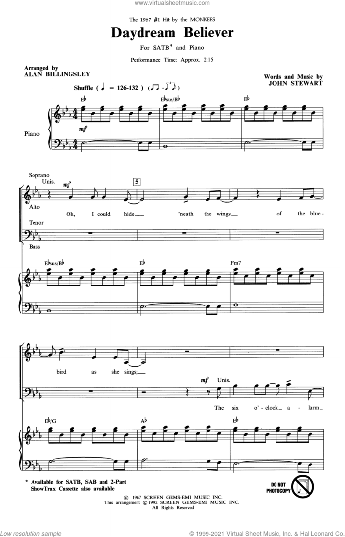 Daydream Believer (arr. Alan Billingsley) sheet music for choir (SATB: soprano, alto, tenor, bass) by The Monkees, Alan Billingsley and John Stewart, intermediate skill level