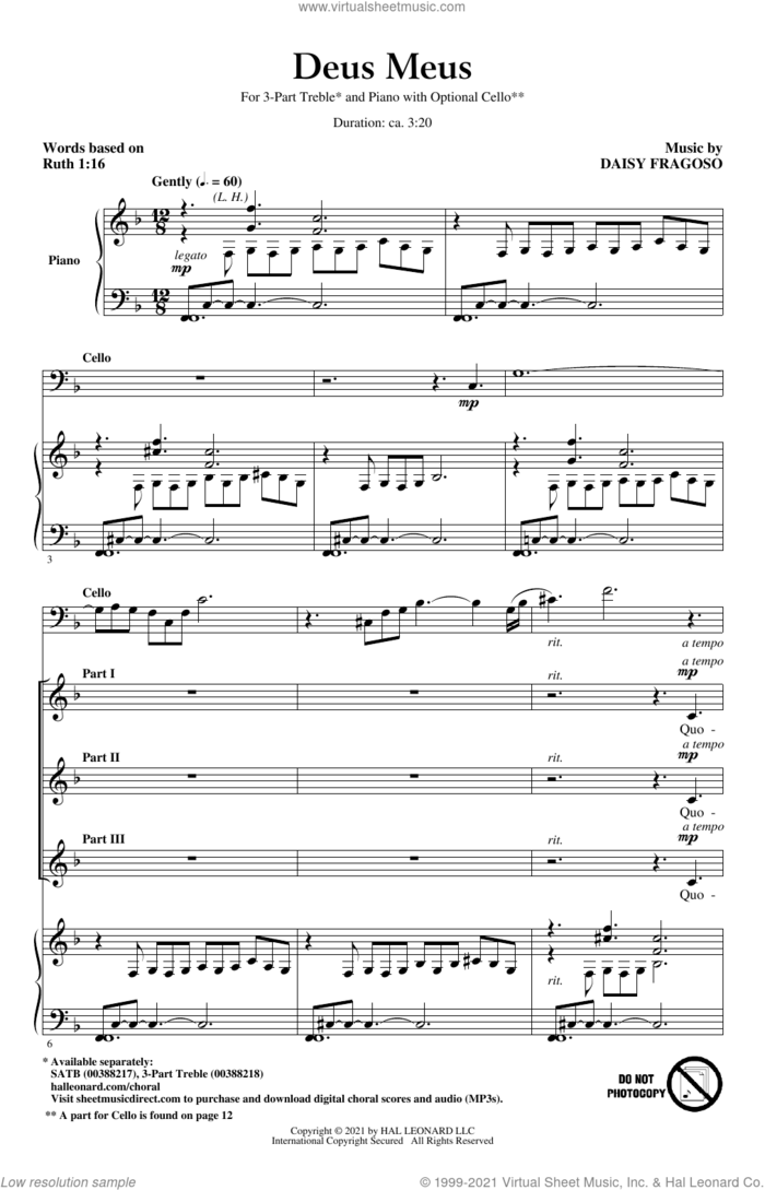 Deus Meus sheet music for choir (3-Part Treble) by Daisy Fragoso and Ruth 1:16, intermediate skill level