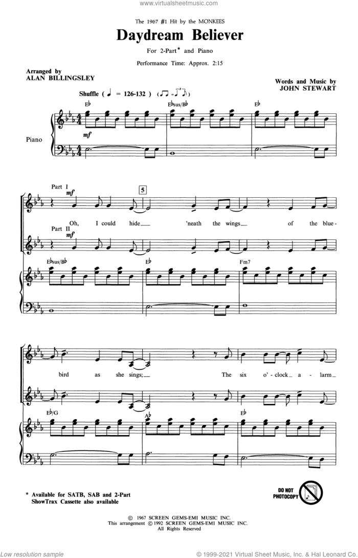 Daydream Believer (arr. Alan Billingsley) sheet music for choir (2-Part) by The Monkees, Alan Billingsley and John Stewart, intermediate duet