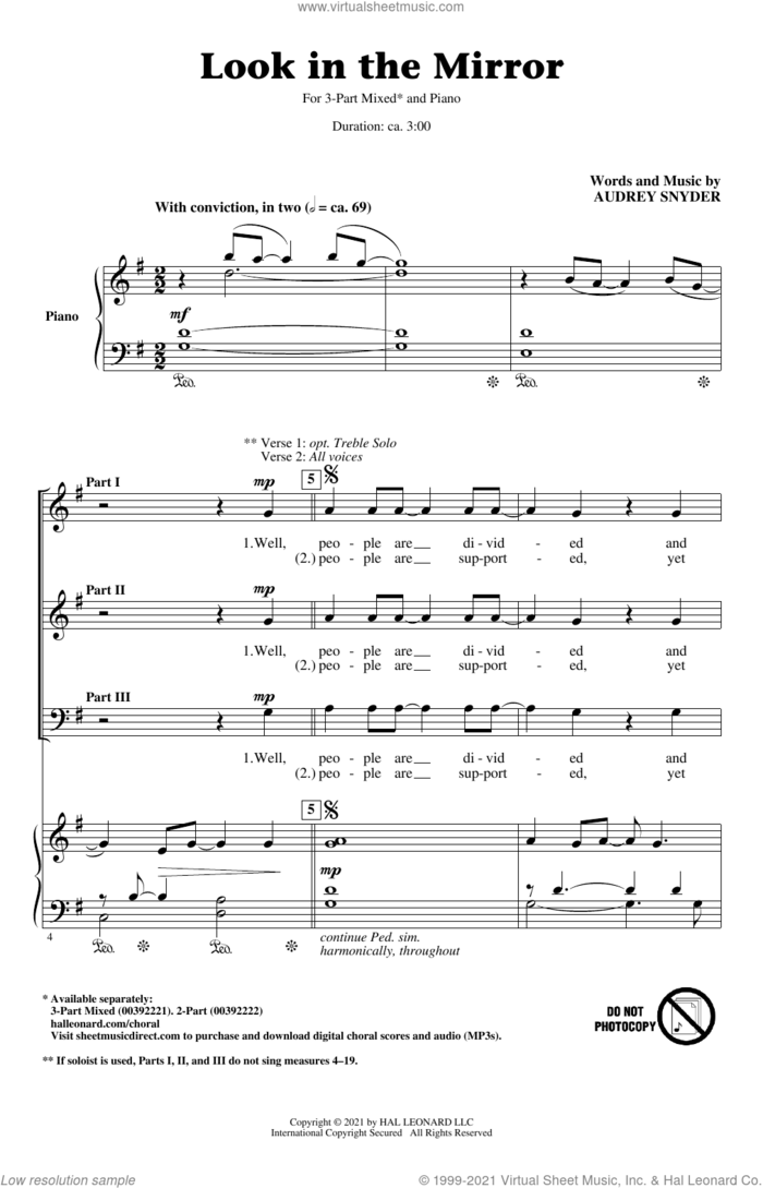 Look In The Mirror sheet music for choir (3-Part Mixed) by Audrey Snyder, intermediate skill level