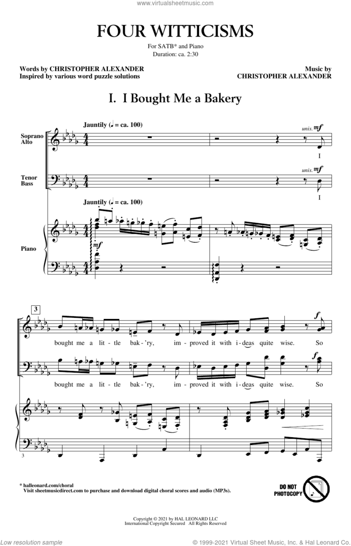Four Witticisms sheet music for choir (SATB: soprano, alto, tenor, bass) by Christopher Alexander, intermediate skill level