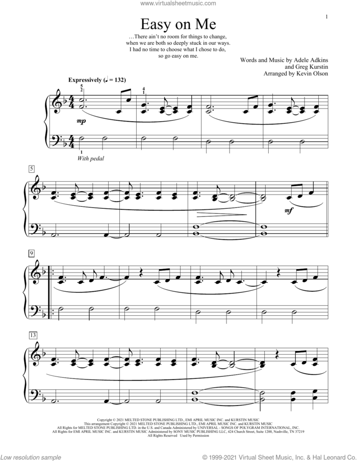 Easy On Me (arr. Kevin Olson) sheet music for piano solo (elementary) by Adele, Kevin Olson, Adele Adkins and Greg Kurstin, beginner piano (elementary)