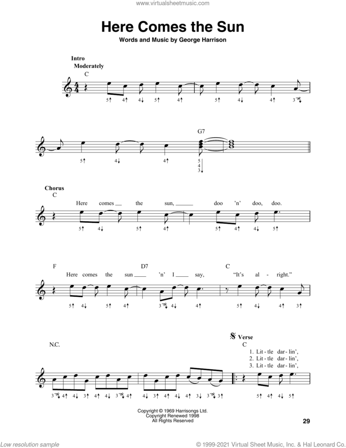 Here Comes The Sun sheet music for harmonica solo by The Beatles and George Harrison, intermediate skill level