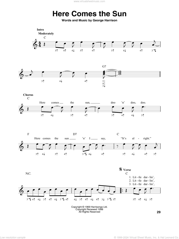 Here Comes The Sun sheet music for harmonica solo by The Beatles and George Harrison, intermediate skill level