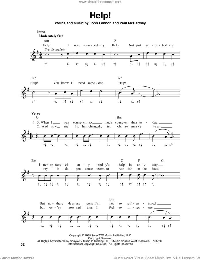 Help! sheet music for harmonica solo by The Beatles, John Lennon and Paul McCartney, intermediate skill level