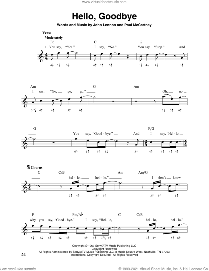 Hello, Goodbye sheet music for harmonica solo by The Beatles, John Lennon and Paul McCartney, intermediate skill level