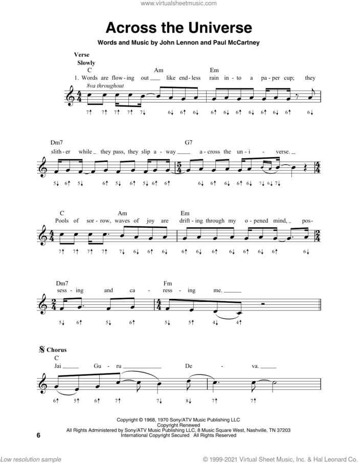 Across The Universe sheet music for harmonica solo by The Beatles, John Lennon and Paul McCartney, intermediate skill level