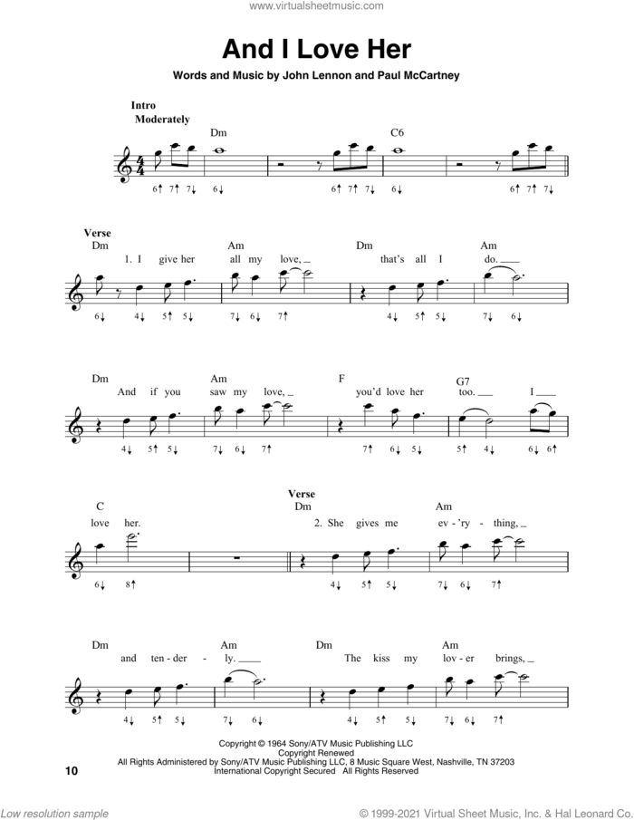 And I Love Her sheet music for harmonica solo by The Beatles, John Lennon and Paul McCartney, intermediate skill level