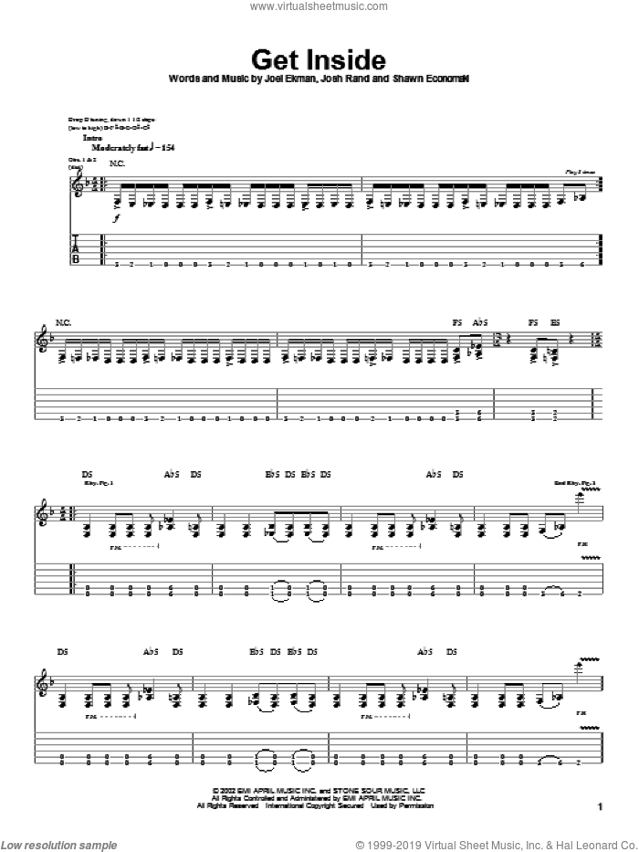 Get Inside sheet music for guitar (tablature) by Stone Sour, Joel Ekman, Josh Rand and Shawn Economaki, intermediate skill level
