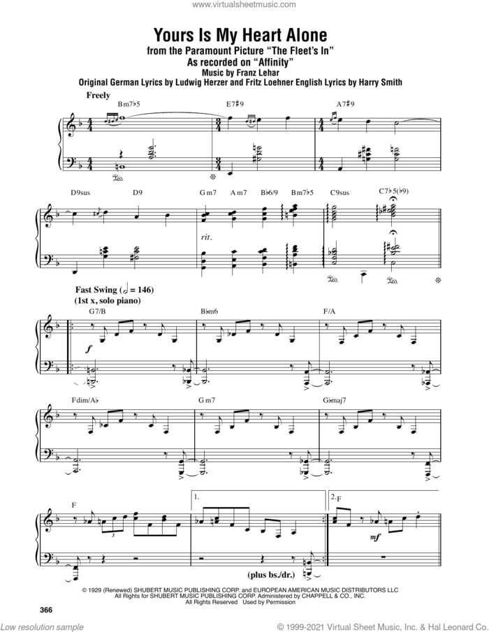 Yours Is My Heart Alone (from The Fleet's In) sheet music for piano solo (transcription) by Oscar Peterson Trio, Franz Lehar, Fritz Loehner, Harry Smith and Ludwig Herzer, intermediate piano (transcription)