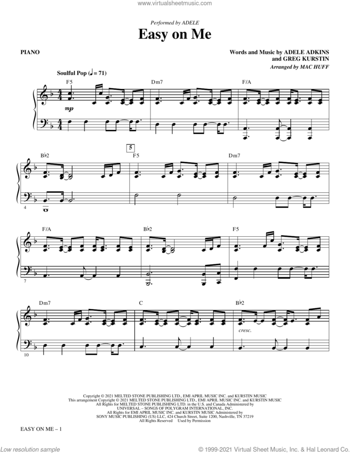 Easy On Me (arr. Mac Huff) (complete set of parts) sheet music for orchestra/band by Mac Huff, Adele, Adele Adkins and Greg Kurstin, intermediate skill level