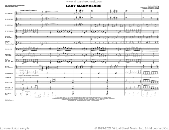 Lady Marmalade (from Moulin Rouge) (arr. Michael Brown) (COMPLETE) sheet music for marching band by Michael Brown, Bob Crewe, Fantasia Barrino, Kenny Nolan, Patti LaBelle and Robert Crew, intermediate skill level