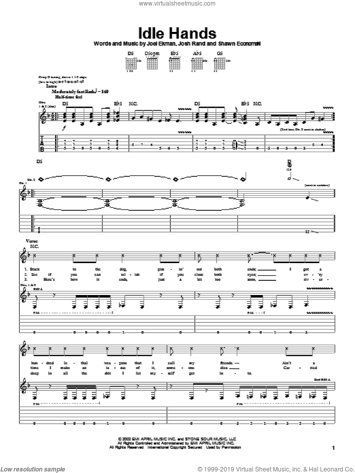 Idle Hands sheet music for guitar (tablature) by Stone Sour, Joel Ekman, Josh Rand and Shawn Economaki, intermediate skill level