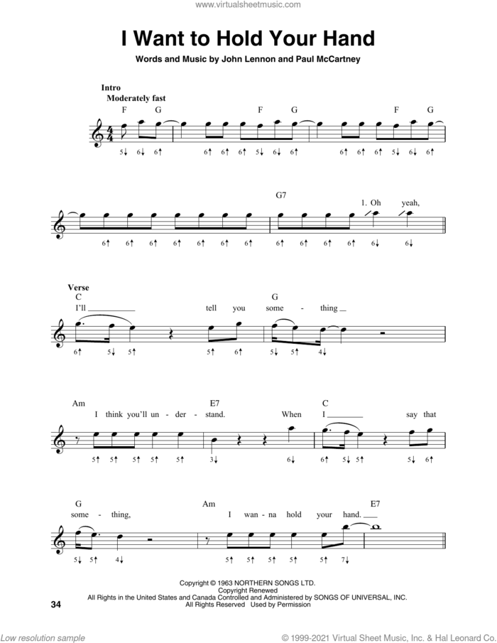I Want To Hold Your Hand sheet music for harmonica solo by The Beatles, John Lennon and Paul McCartney, intermediate skill level