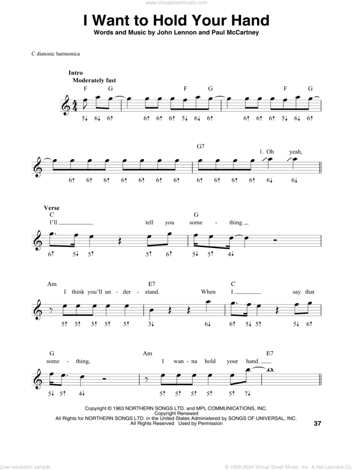 I Want To Hold Your Hand sheet music for harmonica solo by The Beatles, John Lennon and Paul McCartney, intermediate skill level