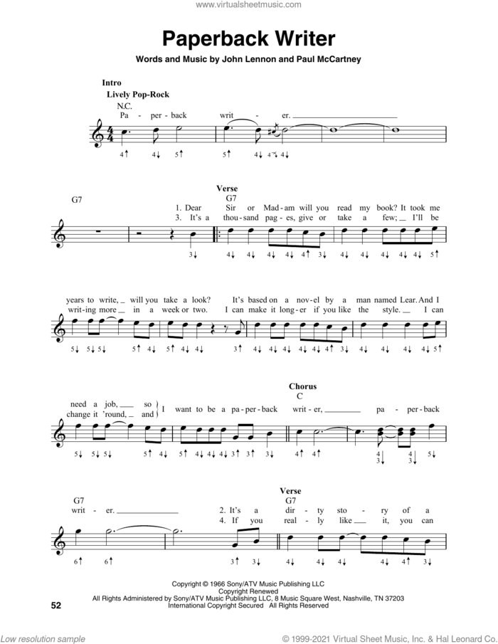 Paperback Writer sheet music for harmonica solo by The Beatles, John Lennon and Paul McCartney, intermediate skill level