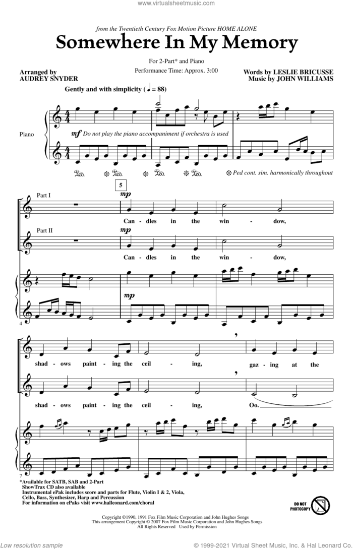 Somewhere In My Memory (from Home Alone) (arr. Audrey Snyder) sheet music for choir (2-Part) by John Williams, Audrey Snyder and Leslie Bricusse, intermediate duet