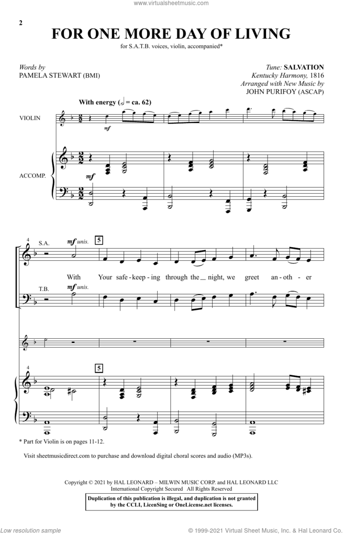 For One More Day Of Living (arr. John Purifoy) sheet music for choir (SATB: soprano, alto, tenor, bass) by Pamela Stewart, John Purifoy and Tune: Salvation, intermediate skill level